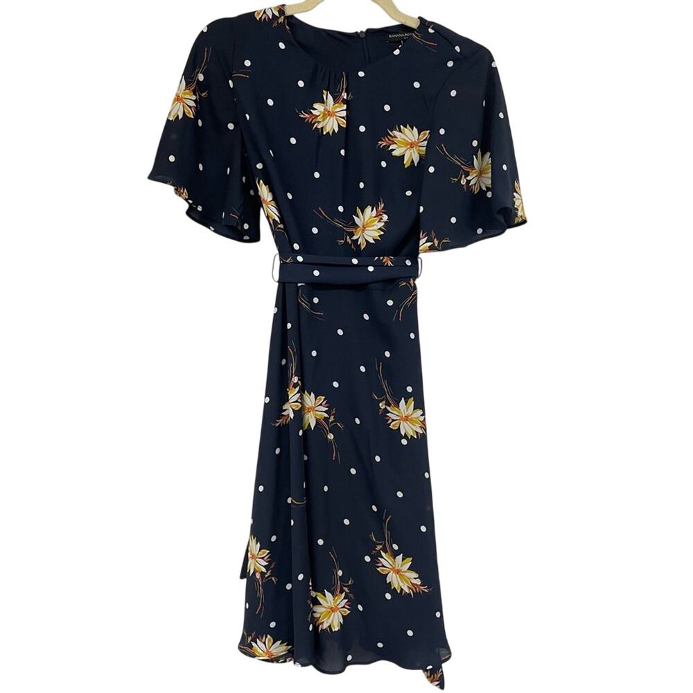 Banana Republic Navy Blue Floral Flutter Sleeve Mini Dress Womens 0 Tie Waist